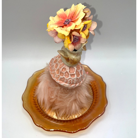 Vintage Mini Ceramic Chick Flower Hat Faux Fur Orange Carnival Glass Plate OOAK - Picture 7 of 16